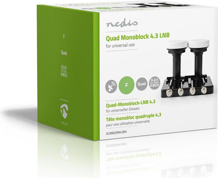 Actual product image Nedis LNB Quad Monoblock 4.3 ° Output connector: 4X F-Connector Noise figure range: 0.85 dB Converse (Quad LNB)