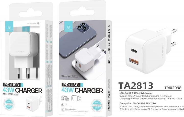 Actual product image Techancy Fast charger 25W (43 W, 2 ports)