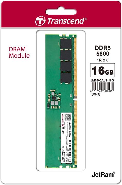 Image du produit Transcend DDR5 16Go JetRam 5600MHz U-DIMM 1Rx8 2Gx8 CL46 1.1V (1 x 16GB, 5600 MHz, RAM DDR5, U-DIMM)