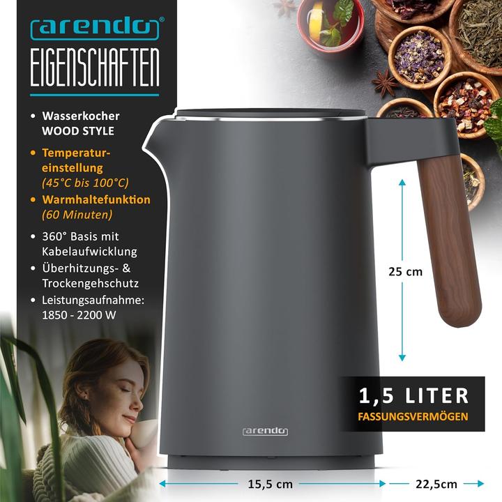 Produktbild Arendo Wasserkocher mit Temperatureinstellung (45-100°C) (1.50 l)