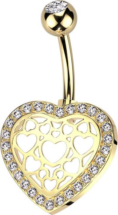 Produktbild Star Piercing Banane vergoldet mit Kugel vergoldet Kristall silber und Herz umrandet mit Kristallen silber (Messing, Chirurgenstahl 316L)