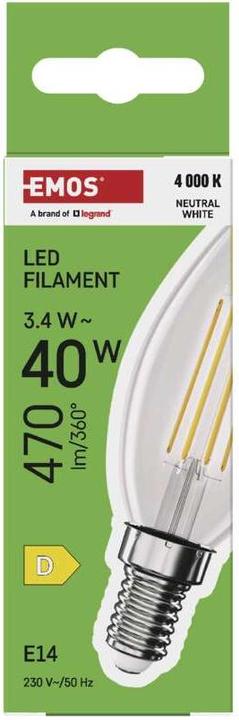Immagine prodotto Emos Lampada LED Candela a filamento / E14 / 3,4 W (40 W) / 470 lm / Bianco neutro (E14, 470 lm, 1 x)