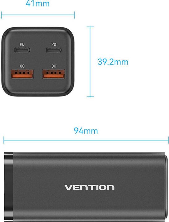 Actual product image Vention 4-Port USB (C + C + A + A) GaN Charger (100W/100W/18W/18W) EU-Plug White (100 W, 2 ports)