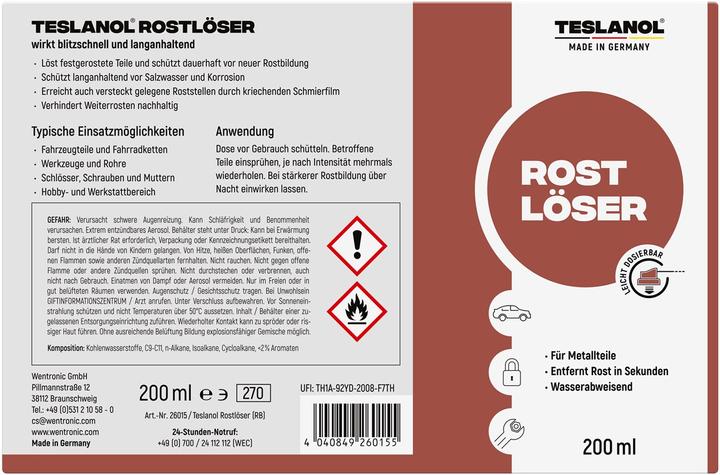 Nutritional values and ingredients Teslanol rust remover (200 ml)