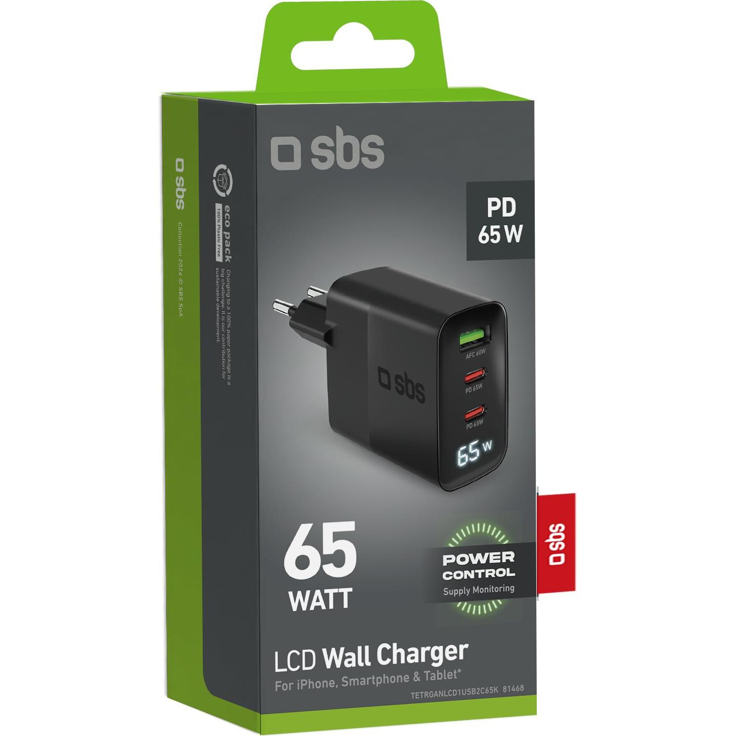 Thumbnail - SBS 65-Watt-Ladegerät mit LCD-Display, 2 USB-C-Ausgängen für die Stromversorgung und 1 USB-A-Ausgang für (65 W), USB Lad...