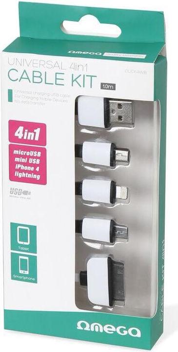 Image du produit Omega Câble USB 4w1 microUSB, miniUSB, iPhone4, Apple 30pin, juoda-baltas (OUCK4WB) (1 m, USB 1.0, USB 1.1, USB 2.0, USB 3.0, USB 3.1, USB 3.2 Gen 1, USB 3.2 Gen 2, USB 3.2 Gen 2x2, USB 4.0)