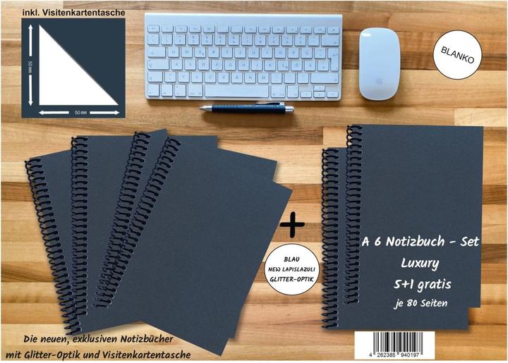 Actual product image A 6 notebook - set, 4+2 free, Luxury 80 pages BLUE NEW LAPISLAZULI GLITTER OPTICS, blank (A6, Plain)