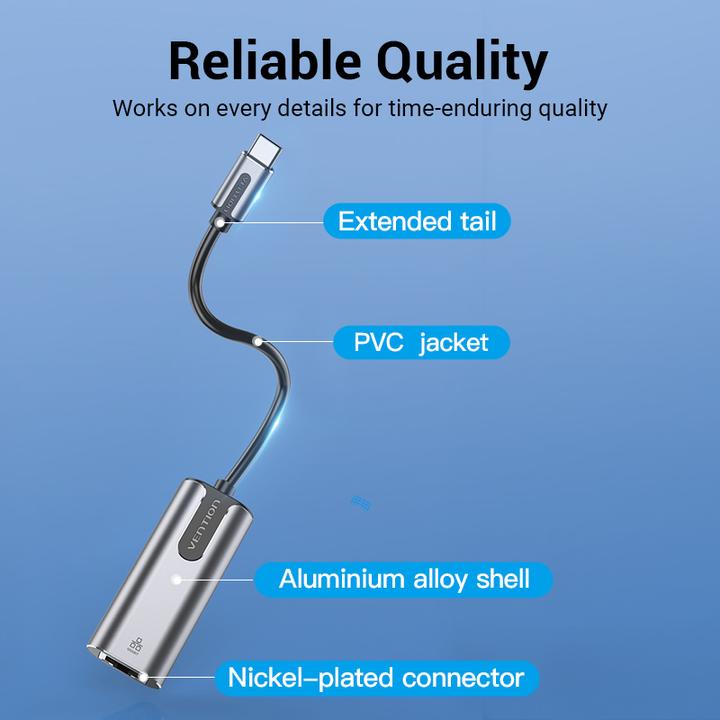 Immagine prodotto Vention Adattatore da USB-C a Gigabit Ethernet 0,15 m grigio in lega di alluminio Tipo (RJ45, USB-C, RJ45 Gigabit Ethernet (1x))