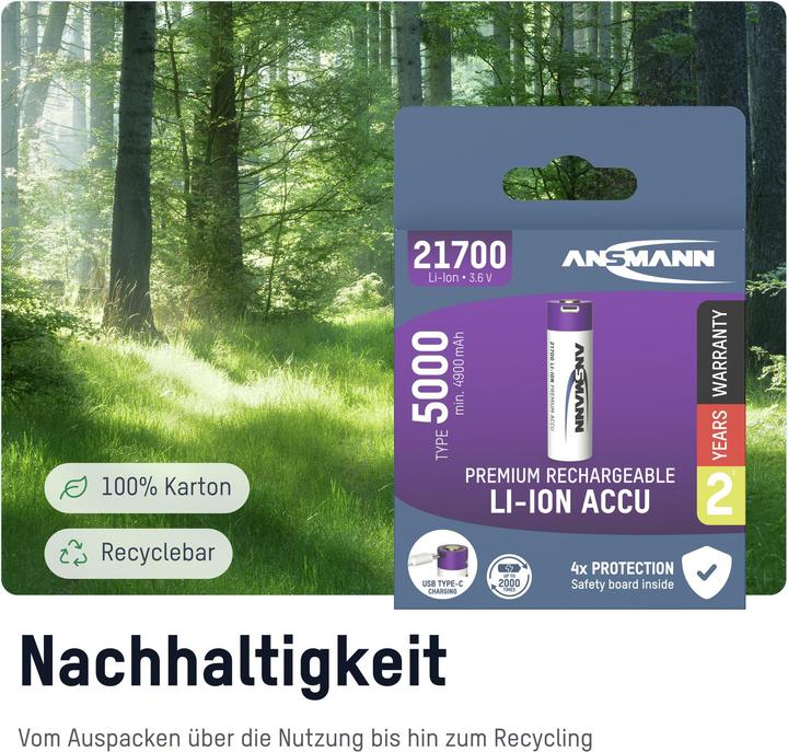 Immagine prodotto Ansmann Li-Ion Akku 21700 5000 mAh mit USB Typ-C Ladebuchse Mignon (AA)-Akku Li- (1 pz., AA, 5000 mAh)