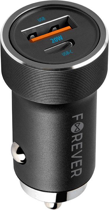 Actual product image Forever CC-06 PD QC car charger 1x USB-C 1x USB 20W black + USB-C - USB-C cable 60W