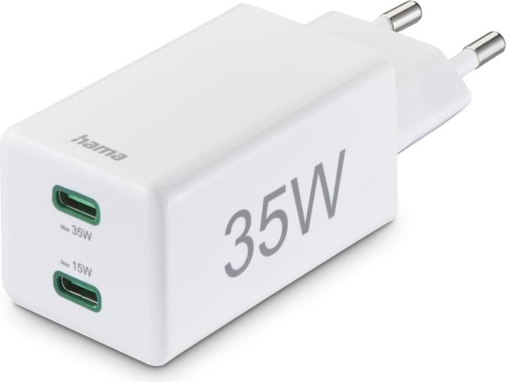 Image du produit Hama Chargeur rapide + câble, 2x USB-C, PD/QC, mini-chargeur, 35W, 1 m, blanc (35 W, 2 ports)