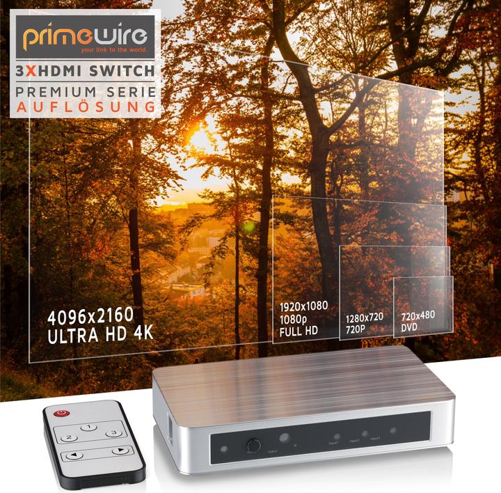 Produktbild Primewire HDMI Switch 4k UHD, 3 Port, Verteiler mit Fernbedienung & Netzteil