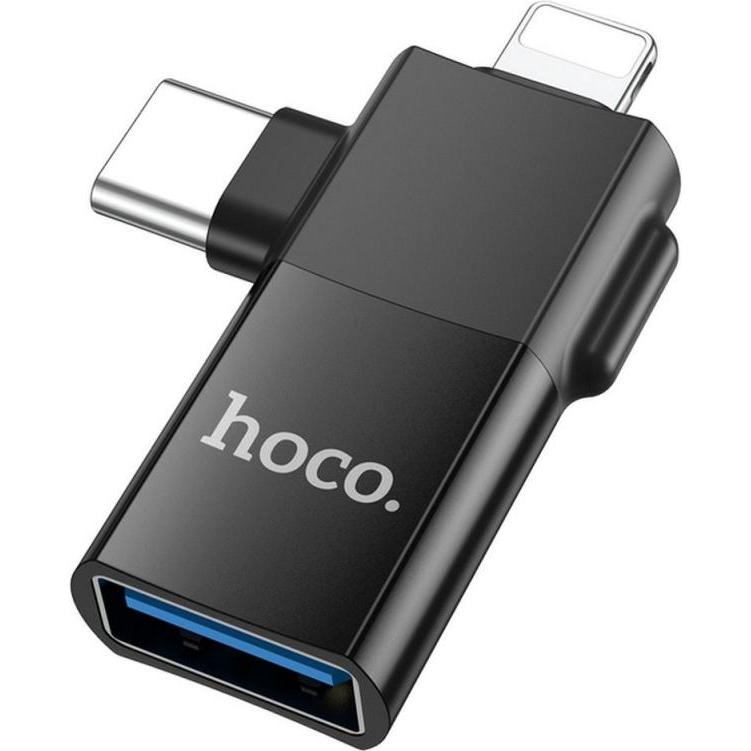 Hoco Cable adapter OTG Type C (male) / Lightning (male) to USB A (female) 2in1 UA17 black (Lightning, USB-C, USB-A), Adattatore dispositivo mobile, Ne