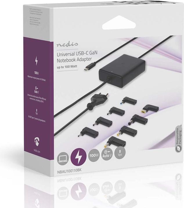 Image du produit Nedis Adaptateur pour ordinateur portable | GaN | 100 W | 5 / 9 / 12 / 15 / 20 V DC | 3.0 / 5.0 A | (100 W)