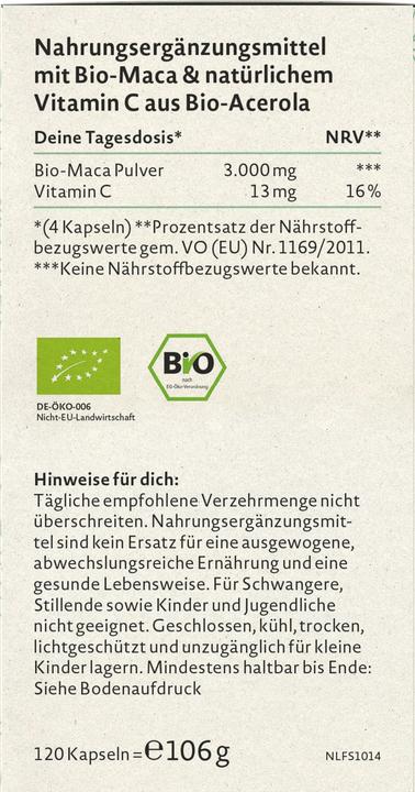 Nährwerte und Zutaten Nature Love Maca (120 Stk., Kapseln, 106 g)