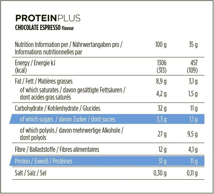 Nährwerte und Zutaten Powerbar Protein Plus Low Sugar (Espresso, Schokolade, 16 Stk., 560 g)
