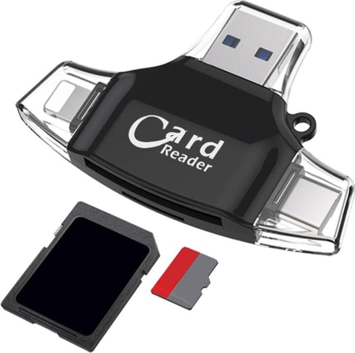 Produktbild Deltalabs 4in1 Mini-Kartenleser für SD/MicroSD – Lightning, USB C & Micro USB (Schwarz)