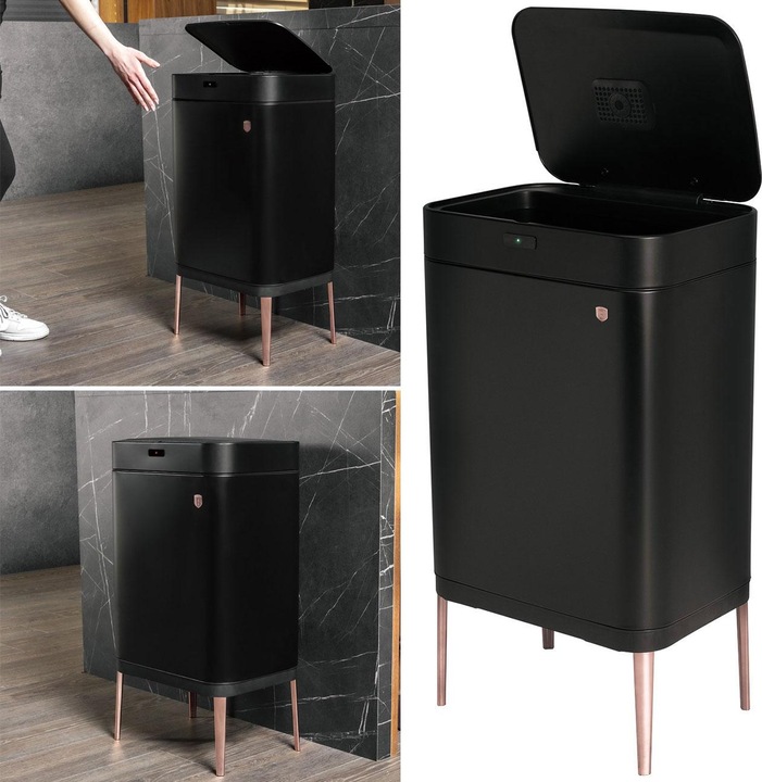 Produktbild BerlingerHaus Design Abfalleimer aus Metall, mit Sensor, 60l, schwarz-rosÃ©gold (60 l)