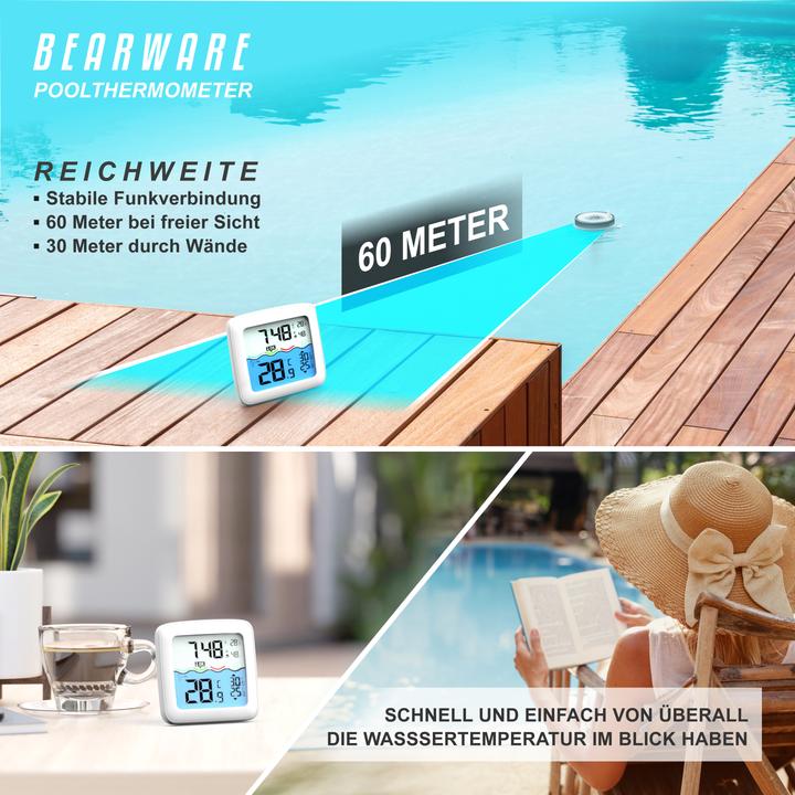 Image du produit Bearware Poolthermometer mit Schwimmer, Schwimmthermometer, Funkuhr, Raum- und Luftfeuchte, IP67 Wecker