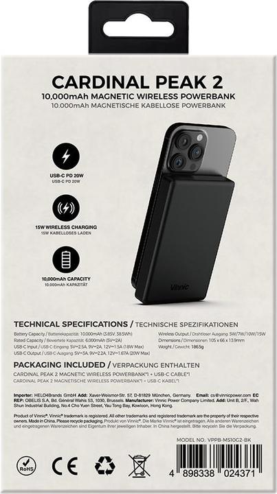 Immagine prodotto Vinnic Cardinal Peak 2 (10000 mAh, 15 W, 38.50 Wh)