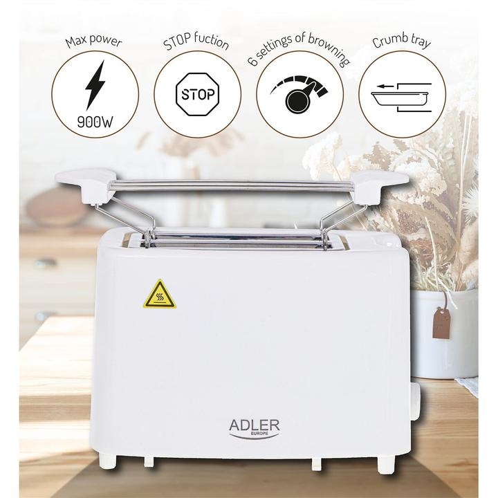 Produktbild Adler Toaster AD 3223 Power 750 W, Number of slots 2, Housing material Plastic, Baltas