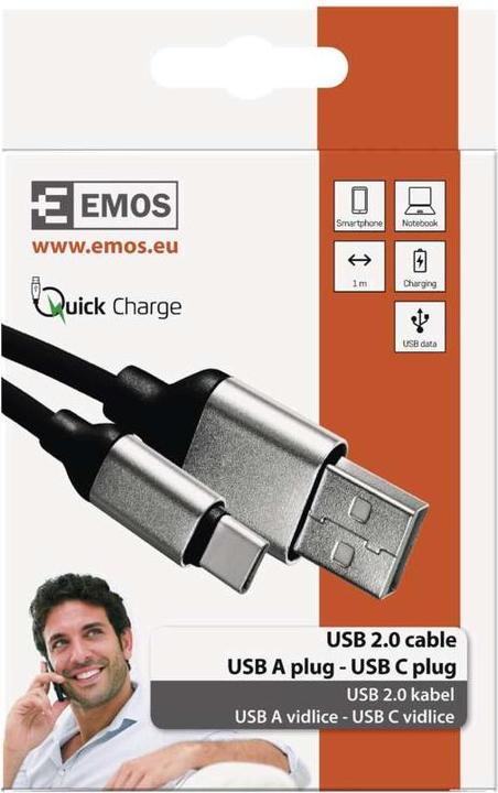 Actual product image Emos USB cable 2.0 A plug - C plug 1m, black (1 m, USB 2.0, 18 W)