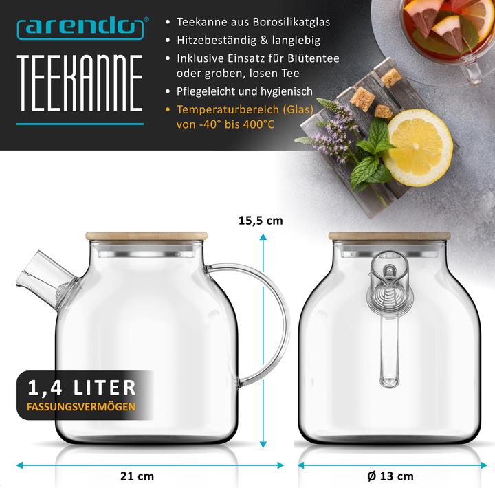 Produktbild Arendo Teekanne 1,4l,Teebereiter aus Borosilikatglas, Sieb & Bambus Deckel für losen Tee, hitzebeständig (1.40 l)