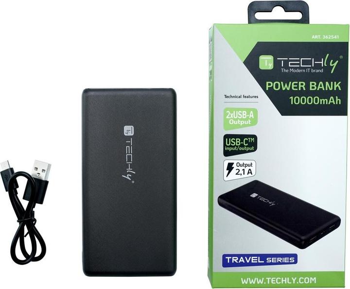 Productafbeelding Techly Power Bank Oplader 10000mAh 2x USB 1x USB-C met USB-C Kabel (10000 mAh, 10 W, 37 Wh)