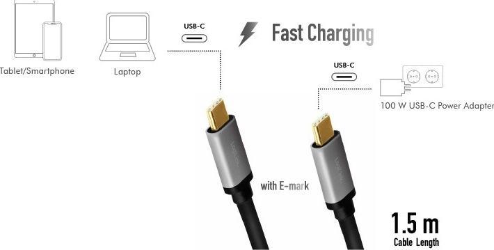 Actual product image LogiLink CUA0106 USB 3.2 Cable C/M to C/M, PD3, alu, black/grey, 1.5 m (1.50 m, USB 2.0, 100 W)