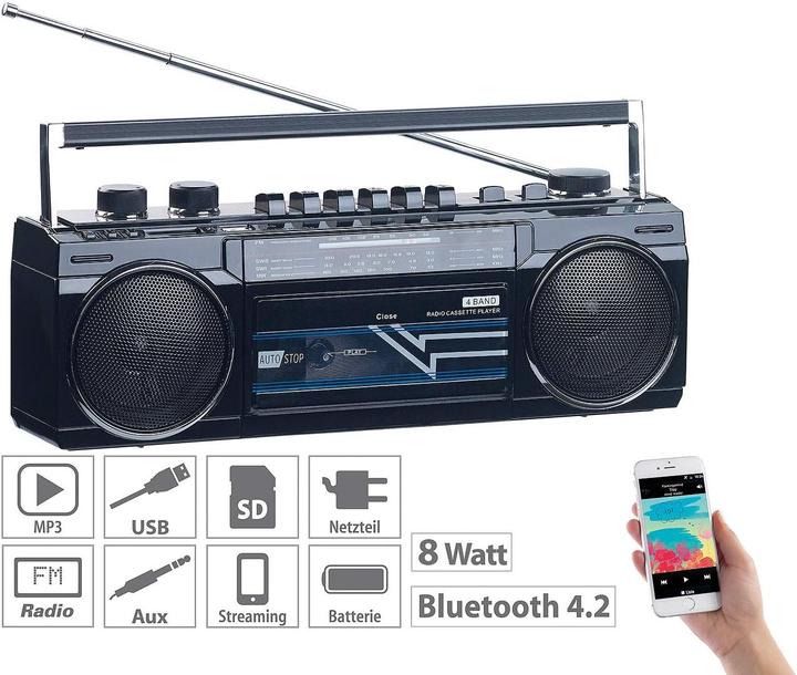 Actual product image Auvisio Retro-Boombox mit Kassetten-Player (AM, FM, Bluetooth)