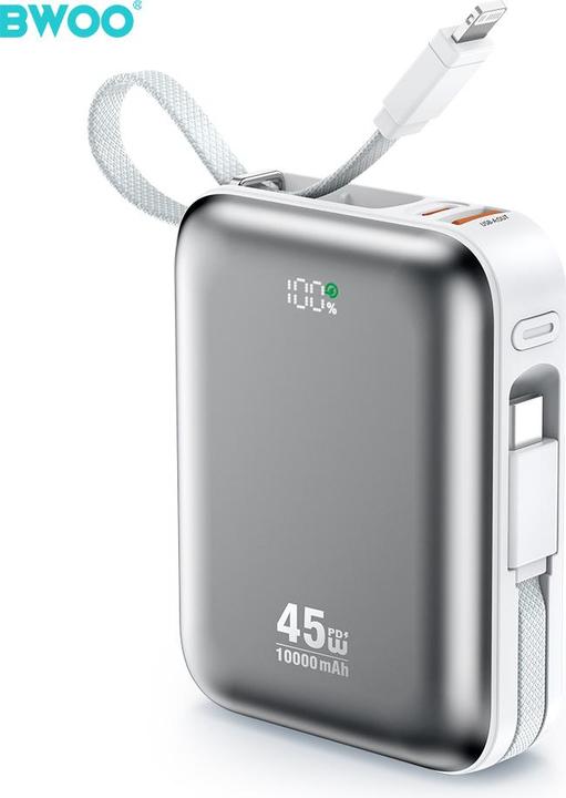 Actual product image Bwoo power bank P77 45W, 10000 mAh with USB-C and Lightning cable, grey (10000 mAh, 45 W)
