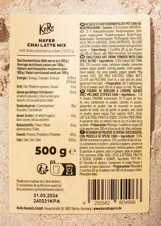 Nährwerte und Zutaten KoRo Chai Latte Mix (500 g)