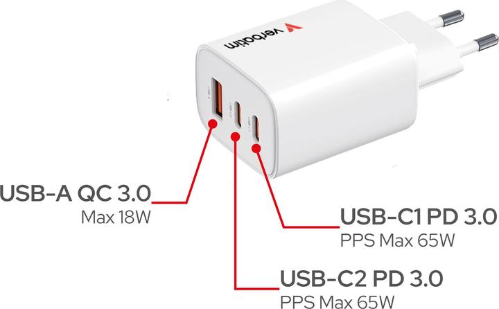 Immagine prodotto Verbatim GaN III Essentials Charger 3 Port 65W USB-A/C white (65 W, 3 porte)