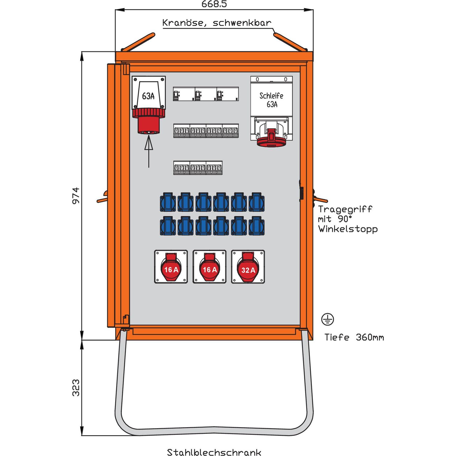 Walther Werke, Distributore di corrente, WAL WEV0803R1 Quadro di distribuzione finale 44kVA spina di attacco 63A RCD tipo B 2 RCD tipo A 1 (12x, CEE 7