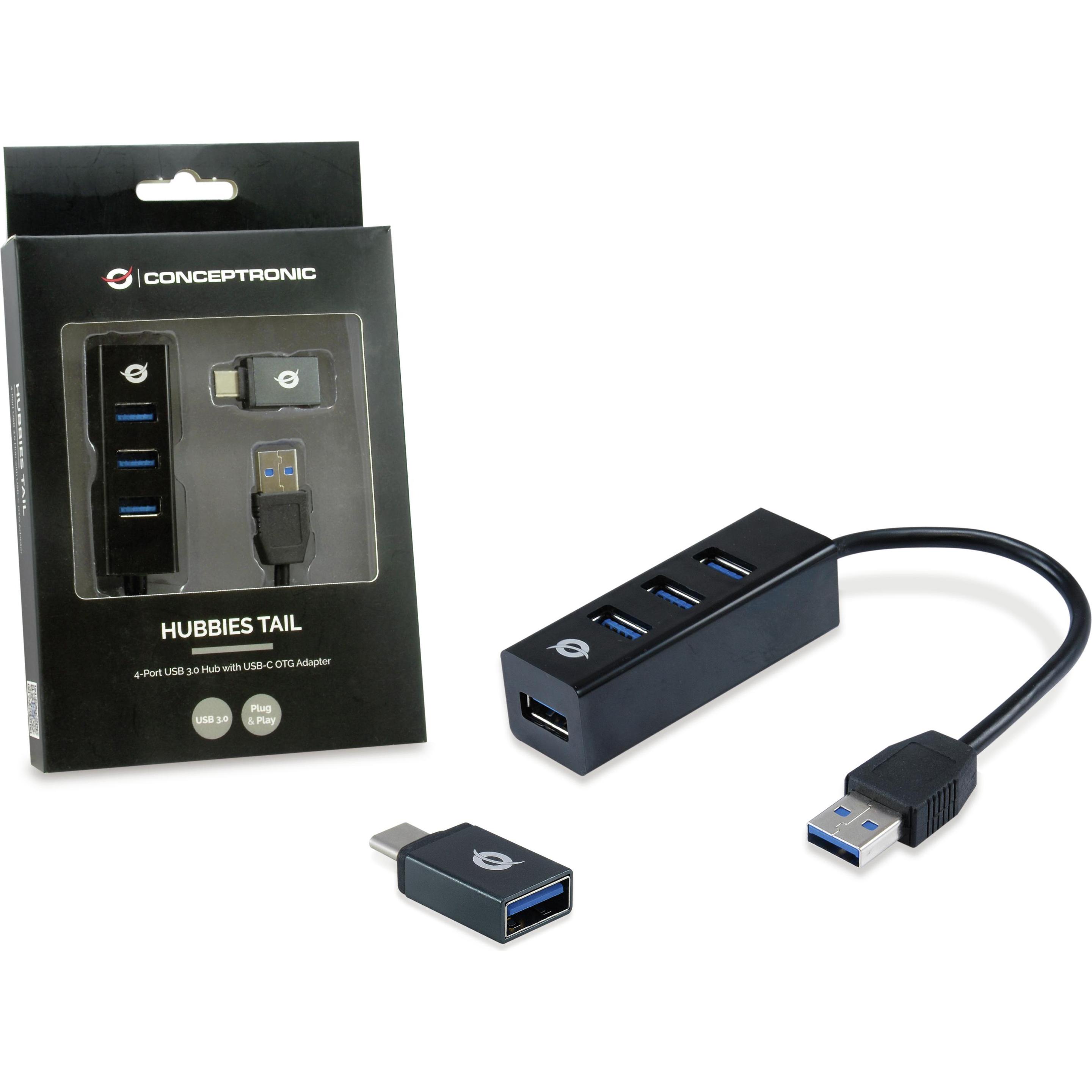 Thumbnail - Conceptronic Hubbies Tail (USB-C, 4 Ports), Dockingstation + USB Hub, Schwarz