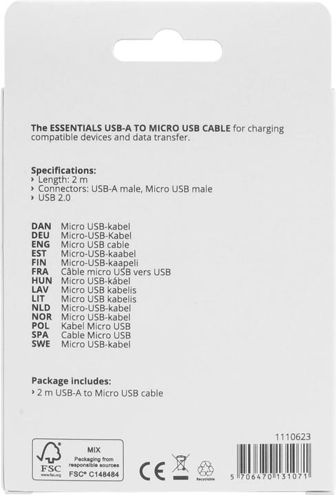 Actual product image Essentials USB-A - Micro USB Cable, 2m, Black (USB 2.0)