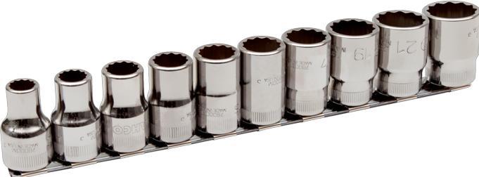 Actual product image Irimo 1/2" socket spanner set with square drive, metric, twelve-sided - 10 parts, on clamping strip (1/2")