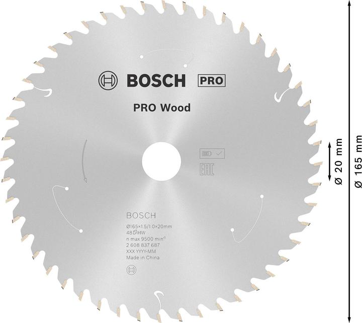 Actual product image Bosch Professional Zubehör PRO Wood cordless circular saw blade, 165 x 1.5 x 20 mm