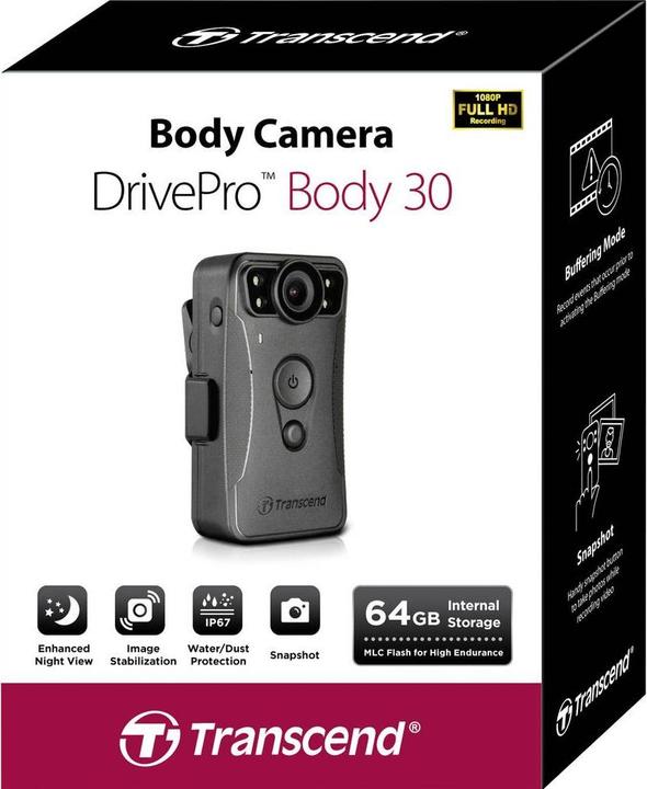 Produktbild Transcend DrivePro Body 30 (Bluetooth, GPS-Empfänger, WLAN, Eingebaute Anzeige, Full HD)