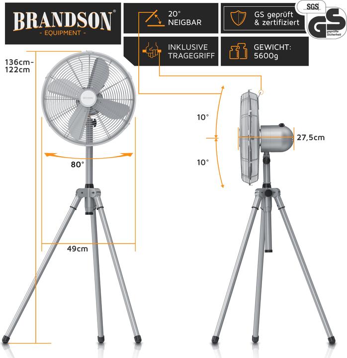 Produktbild Brandson Standventilator 49cm Ø, 60W Lüfter, Dreibeinstativ, Metallgehäuse, Tripod Ventilator, silber (64 dB)