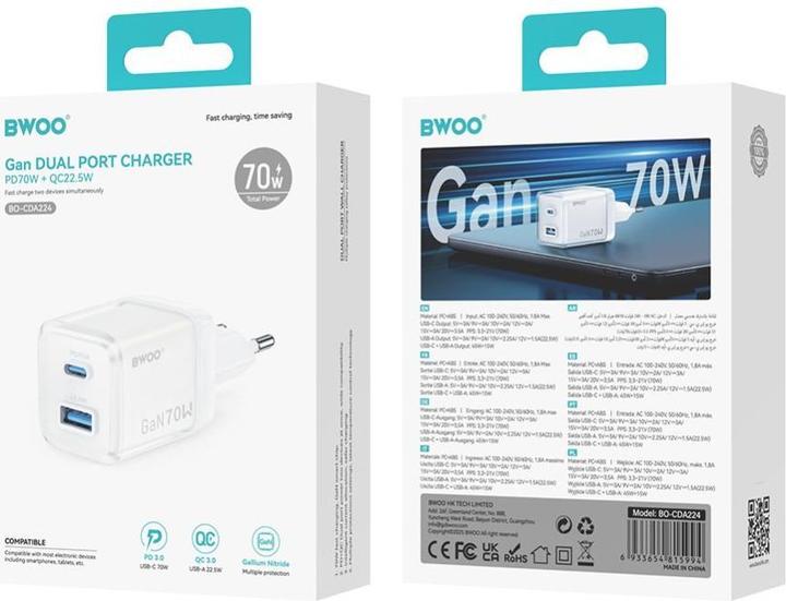 Actual product image Bwoo GaN wall charger CDA224 QC 70W 1 x USB 1 x USB-C, white (70 W, 2 ports)