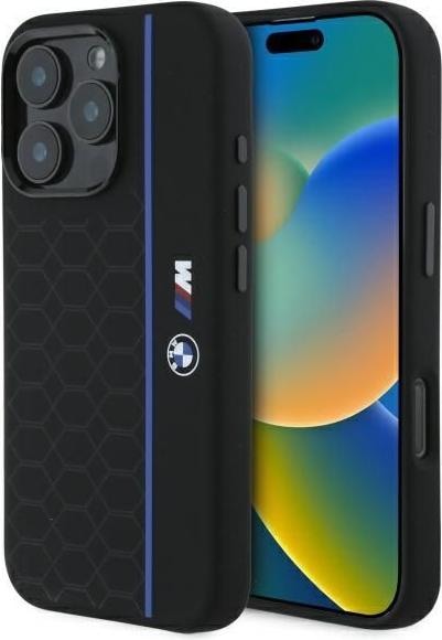 Actual product image BMW BMHMP16L23SHEB iPhone 16 Pro 6.3" czarny/black hardcase Silicone Hexagon Blue Line MagSafe (Apple iPhone 16 Pro)