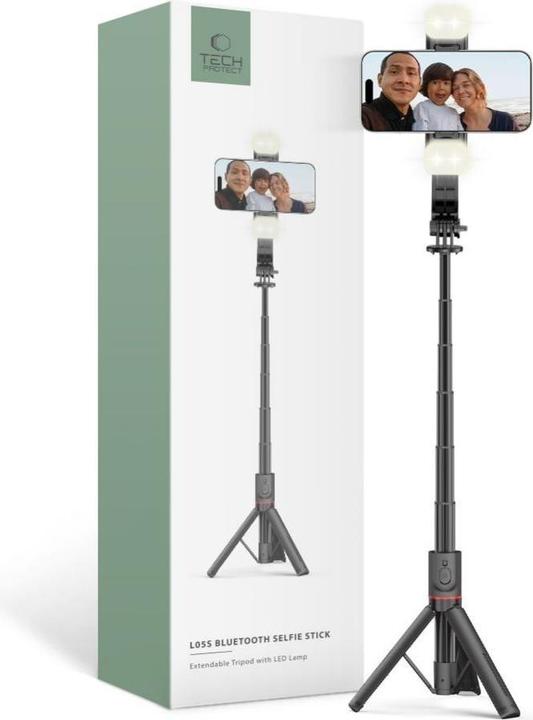 Actual product image Tech-Protect L05S Bluetooth selfie stick with tripod up to 105cm with LED lamp - black