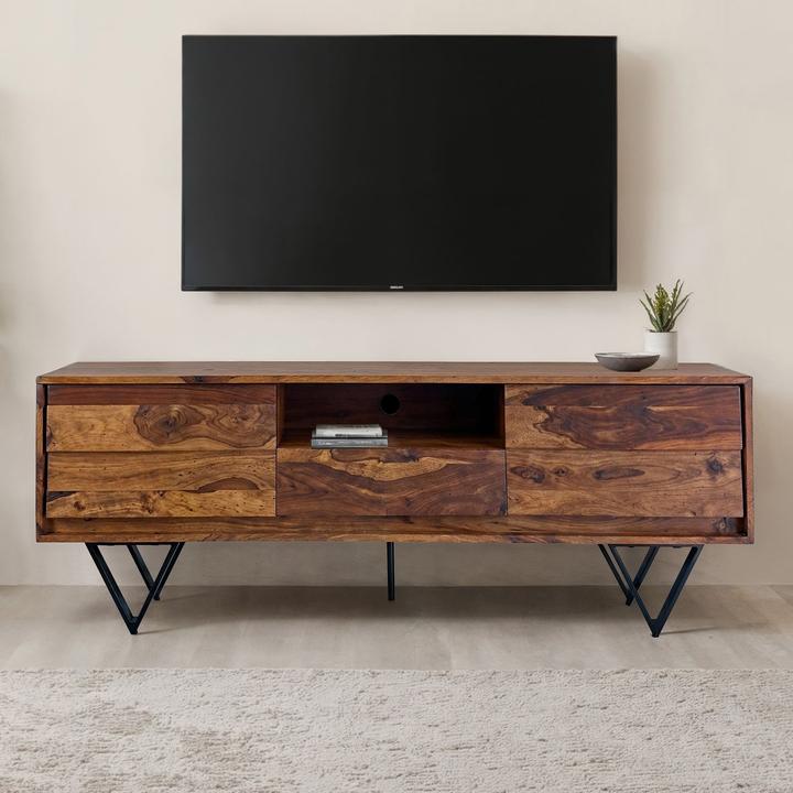 Actual product image FineBuy TV Lowboard Sheesham Massivholz 160 cm Türen Schublade Fach Metallfüsse (160 x 35 x 56 cm)