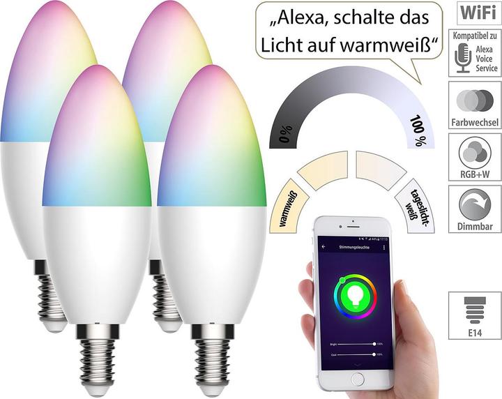 Produktbild Luminea 4er-Set WLAN-LED-Lampen, für Amazon Alexa/Google Assistant (E14, 470 lm, 4x)