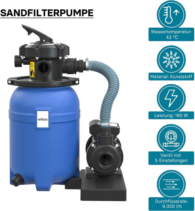 Produktbild Wiltec Sandfilteranlage 180W 14l Filtertank 9000l/h Pool Pumpe Filterpumpe