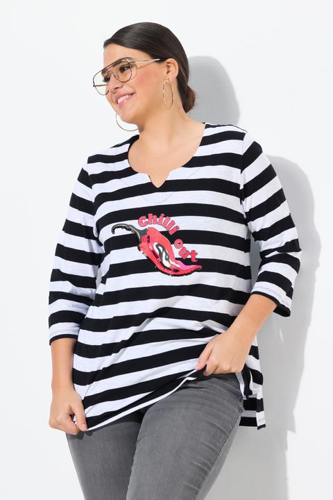 Produktbild Ulla Popken Shirt, Ringel, verzierte Peperoni, Classic, V-Ausschnitt, 3/4-Arm (46, 48)