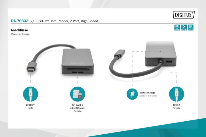 Produktbild Digitus USB-C Card Reader, 2 Port, High Speed (USB 2.0)