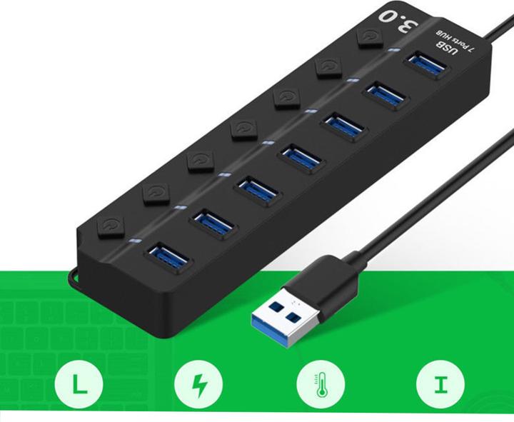 Produktbild Deltalabs USB 3.0 Hub Adapter mit USB Port Steuerung Tastenschalter 5GB/s, 7 Ports (USB-A, 7 Ports)