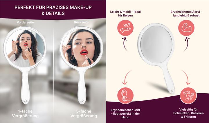 Actual product image Hand mirror with 5x magnification, plastic, Ø 15 cm, length: 27 cm